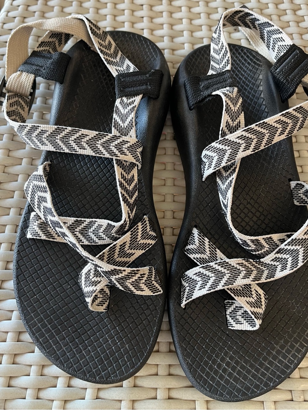 Black Chaco Sandals with White Chevron Straps - Women's Outdoor Comfort W9